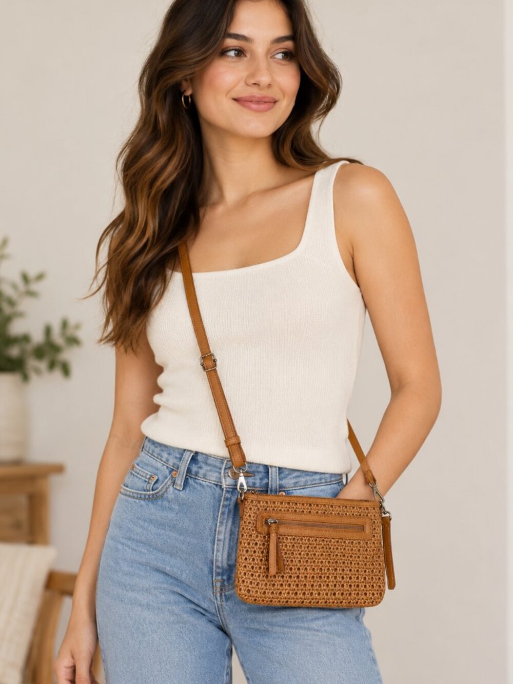 Joy Susan Brown Woven Leatherette Crossbody Bag Purse Wristlet Shoulder Bag